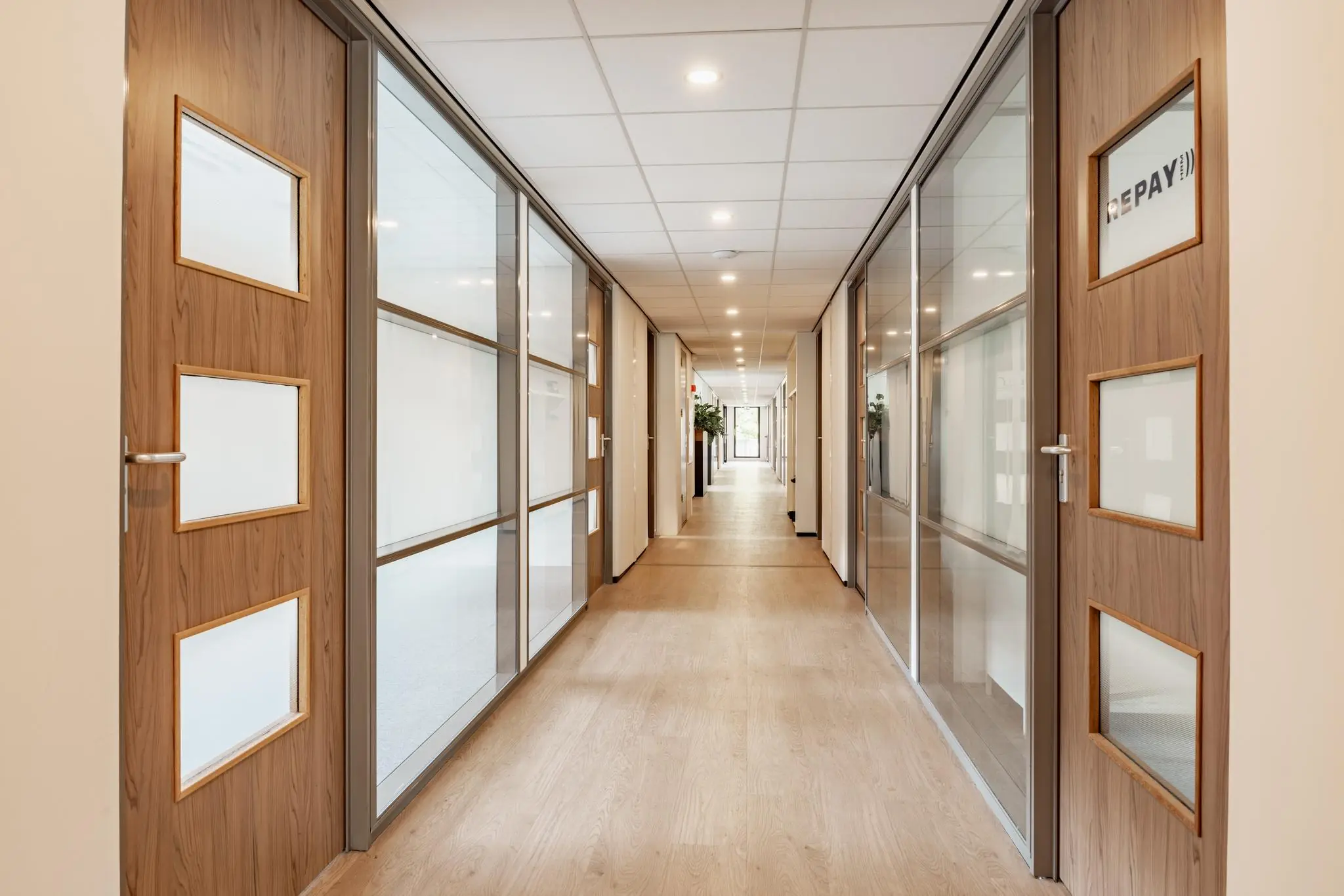 Licht en modern kantoorinterieur met houten deuren en glazen wanden aan de Burgemeester Verderlaan.